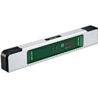 Bosch EasySpiritLevel, white with green digital display, black ends, and measurement markings along the edge.