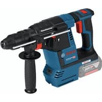 Bosch blue and black cordless SDS hammer drill with red accents and side handle, bare unit without battery.