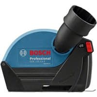 Blue and black Bosch GDE 125 EA-S dust guard with red latch and angled nozzle attachment.