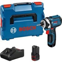 Bosch blue cordless impact driver with black grip, two 2Ah batteries, charger, and blue carrying case.