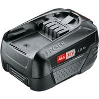 Bosch PBA 18V 4.0Ah battery, black with red and white label, compact design, textured grip, Power for All Alliance branding.