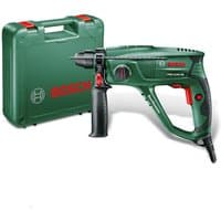 Green Bosch rotary hammer drill with black handle and red accents, includes a matching green carrying case.