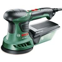 Green Bosch PEX300AE orbital sander with black handle, red buttons, and dust collection box.