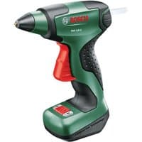 Green Bosch PKP3.6Vli cordless glue gun with red trigger and ergonomic black grip.