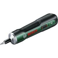 Bosch Pushdrive 3.6V cordless screwdriver, black and green with red accents, compact design, and ergonomic grip.
