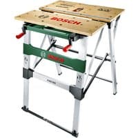 Foldable Bosch PWB 600 work bench with wooden top, green and silver frame, and red clamps.