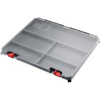 Transparent Bosch SystemBox Lidbox with four compartments and red latches.
