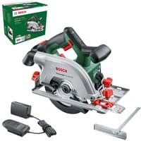 Bosch UniversalCirc 18V-53 circular saw with green and silver body, red accents, charger, and guide rail.