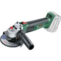 Green Bosch cordless angle grinder with black handle and red switch, featuring a 115mm disc and battery slot.