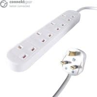 White connektgear 10m power extension block with UK plug and four UK sockets, sleek design.