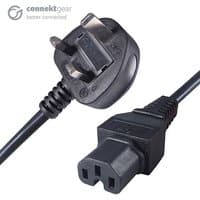 Black connektgear 2m UK mains power cable with UK plug and C15 socket, featuring a durable design and secure connectors.