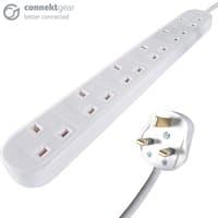 White connektgear 3m 6-way power extension block with UK plug and six UK sockets, rounded edges, by GroupGear.