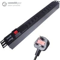 Black connektgear 3m 8-way horizontal rack mount power extension block with UK plug and 8 C13 sockets, red switch.