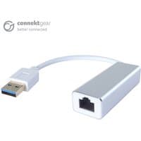 White connektgear USB 3 to RJ45 Cat 6 adapter with silver casing and blue USB connector.