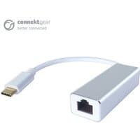 Silver connektgear USB 3 Type C to RJ45 Cat 6 Gigabit Ethernet Adapter with white cable and rectangular casing.