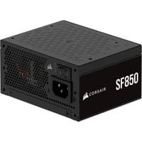 Black Corsair SF850 power supply unit, 850 W, 24-pin ATX, with ventilation grill and Corsair logo.