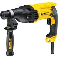 Yellow and black DeWalt SDS-Plus hammer drill with side handle and power cord.