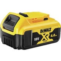 Yellow and black DeWalt 18v XR cordless Li-ion battery, 4ah capacity, with side label and top release button.