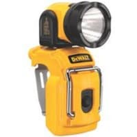 Yellow DeWalt compact LED flashlight with black head, adjustable angle, and metal clip.