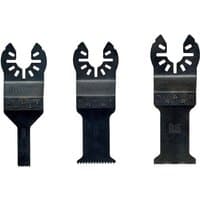 Dewalt multi-tool accessory set with three black blades, each with unique serrated edges and mounting designs.