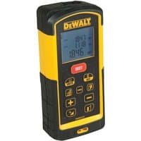 Yellow and black DeWalt laser distance meter with digital display and multiple function buttons.
