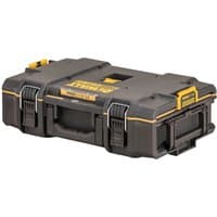Black Dewalt ToughSystem 2.0 DS166 Toolbox with yellow accents, durable latches, and a sturdy handle.