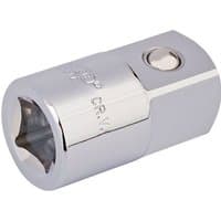 Chrome Draper socket converter with 1/2" female and 3/4" male ends, hexagonal shape, and polished finish.