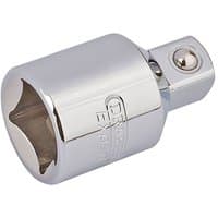Silver Draper 1/2"(F) x 3/8"(M) socket converter with polished finish and engraved logo.