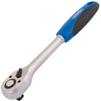 Draper 1/2" square drive ratchet with 72-tooth mechanism, silver body, and blue soft grip handle.