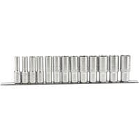Draper 1/2'' Sq. Dr. Imperial Deep Sockets, silver, arranged on a metal rail, varying sizes, cylindrical shape.