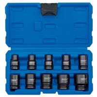 Blue Draper case with 10 black metric impact sockets, organized in two rows, each socket labeled with size.