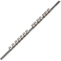 "Draper 1/2'' Sq. Dr. Retaining Bar, silver metal with 14 evenly spaced clips along the length"