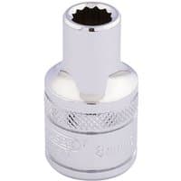 Silver Draper 1/2'' square drive Hi-Torq 12 point deep socket, 19mm, with knurled grip and polished finish.