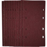 Pack of 10 Draper 1/3 sanding sheets, 93x190mm, 40 grit, maroon color, with hook and loop backing and pre-punched holes.