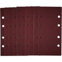 Pack of 10 maroon Draper sanding sheets, 93x190mm, 80 grit, with hook and loop backing and side holes for attachment.