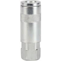 Silver Draper 1/4" Bsp air coupling with tapered female thread, knurled grip, and cylindrical shape.