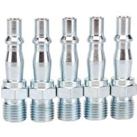Silver Draper 1/4" Bsp male coupling screw adaptors, pack of 5, with hexagonal base and threaded ends.