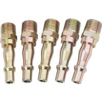 Five brass-colored Draper 1/4" male thread PCL coupling screw adaptors with hexagonal base.
