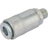 Silver Draper 1/4" male thread PCL tapered airflow coupling with textured grip and cylindrical shape.