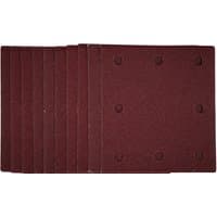 Pack of 10 Draper 1/4 sanding sheets, 115x105mm, 80 grit, maroon color with hook and loop backing, stacked neatly.