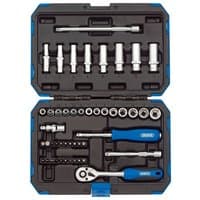 Draper 47-piece metric socket set in a blue and black case with ratchet, sockets, and screwdriver handles.
