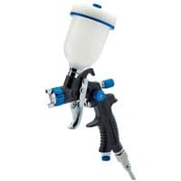 Draper 100ml gravity feed HVLP air spray gun with composite body, white paint cup, and blue adjustment knobs.