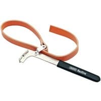 Draper oil filter strap wrench with orange strap, silver metal handle, and black grip.