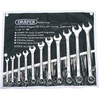 Draper 11-piece spanner set with chrome finish, varying sizes, in a blue roll-up pouch with clear pockets.