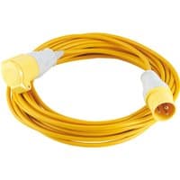 Yellow Draper 110V extension cable, 14m length, 1.5mm thickness, with yellow and white connectors at each end.