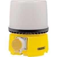 "Draper 110V SMD LED 360° Sitelight, yellow base with white dome and black trim, 30W power socket on side"