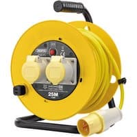 Yellow Draper 110V twin extension cable reel, 25m, with two sockets, black handle, and yellow cable on metal frame.
