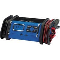 Blue Draper battery charger with digital display, black handles, and red and black cables on the sides.