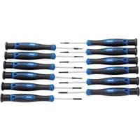 Draper 12 Piece Precision Screwdriver Set with black and blue ergonomic handles and interchangeable tips.