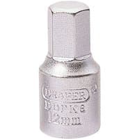 "Draper 12MM hexagon drain plug key, silver metallic finish, 3/8 square drive, engraved with DDPK8 and 12mm markings"